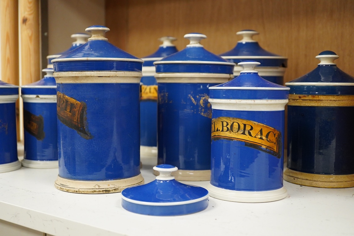 A collection of thirteen 19th/early 20th century blue ceramic lidded apothecary jars, with labels painted onto gilt panel, examples including; Ung: Zinci., Ung: Samb: Vir., Ung: Resin:, Ol: Palmae., etc. tallest 24.5cm,